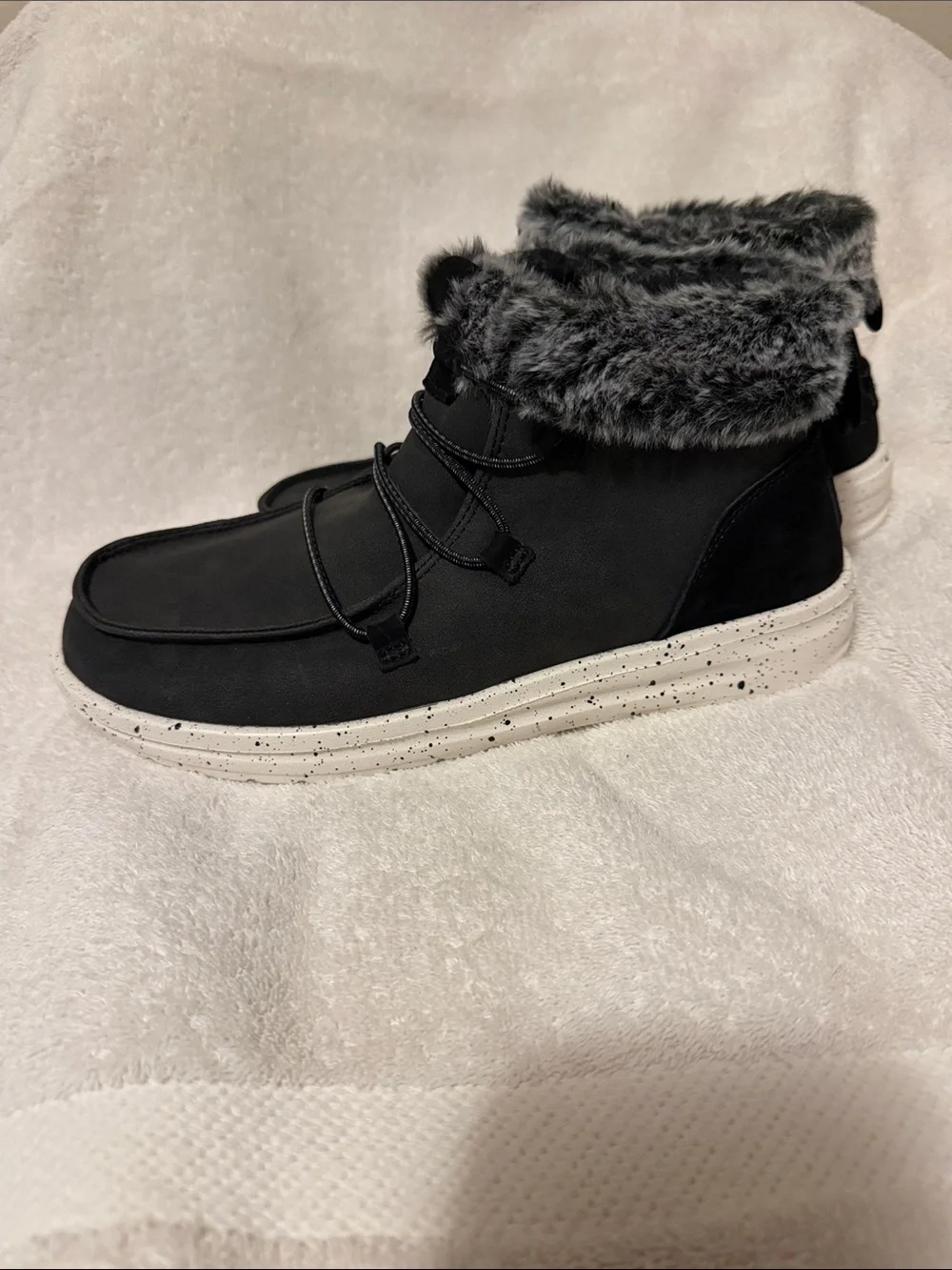 Hey Dude Black Ankle Boots with Gray Faux-Fur Trim